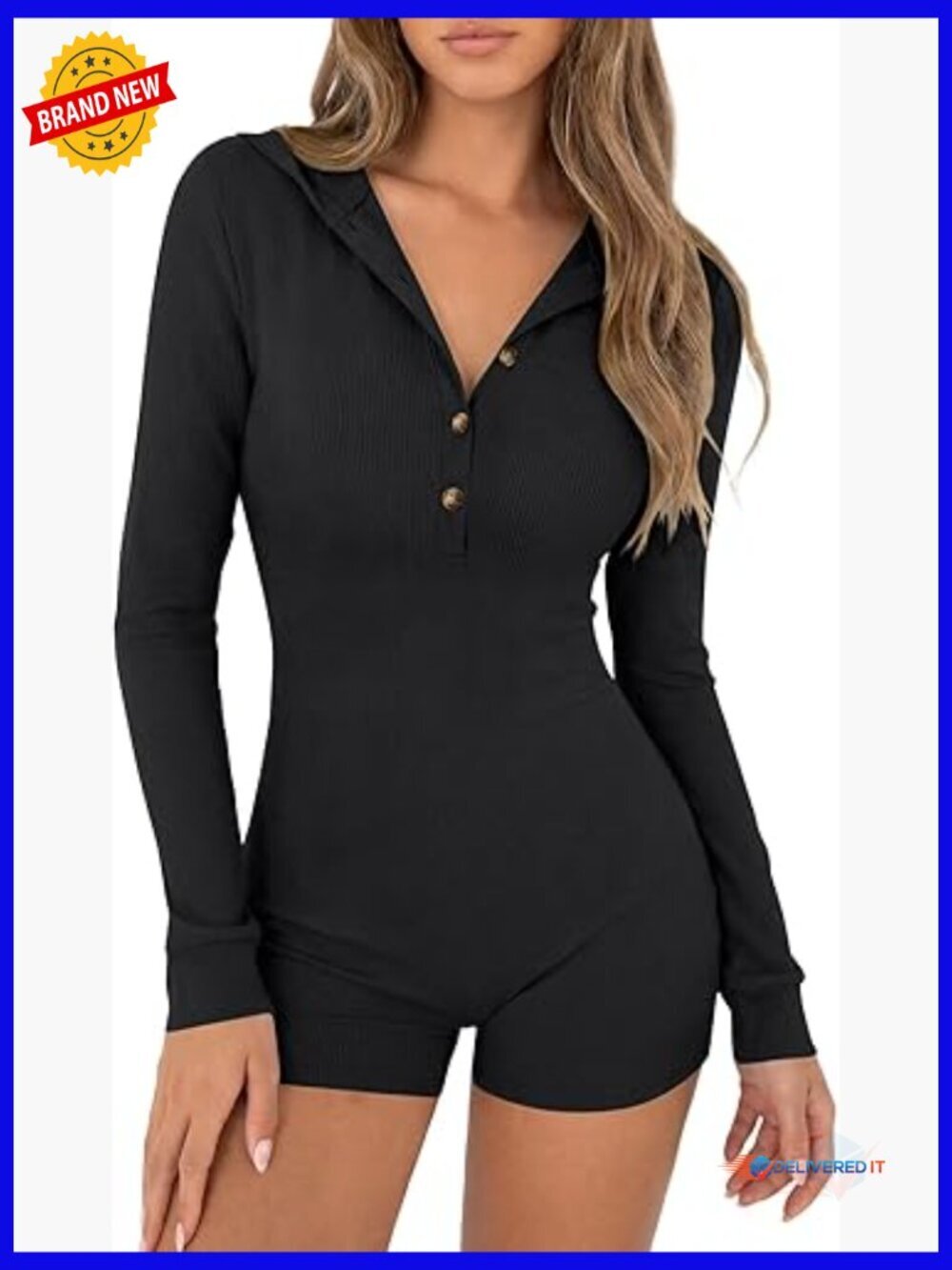 Ribbed Hoodie Button Long Sleeve Bodycon Short Romper Jumpsuit